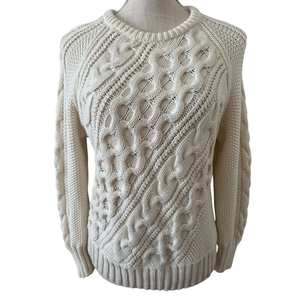 J.Crew‎ Women's Ivory Diagonal Cableknit Cotton Fisherman Sweater Size Small